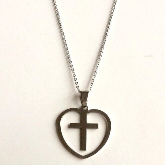 Sacred Heart Cross Necklace 24" Silver Stainless Steel Catholic Christian Gift - Picture 5 of 12